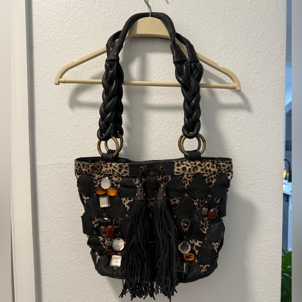 Vintage Mary Frances Y2K Leopard Embellished Black Leather Shoulder Bag